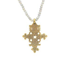 Beaded Labradorite Cross Pendant Necklace Gold Tone Classic Religion